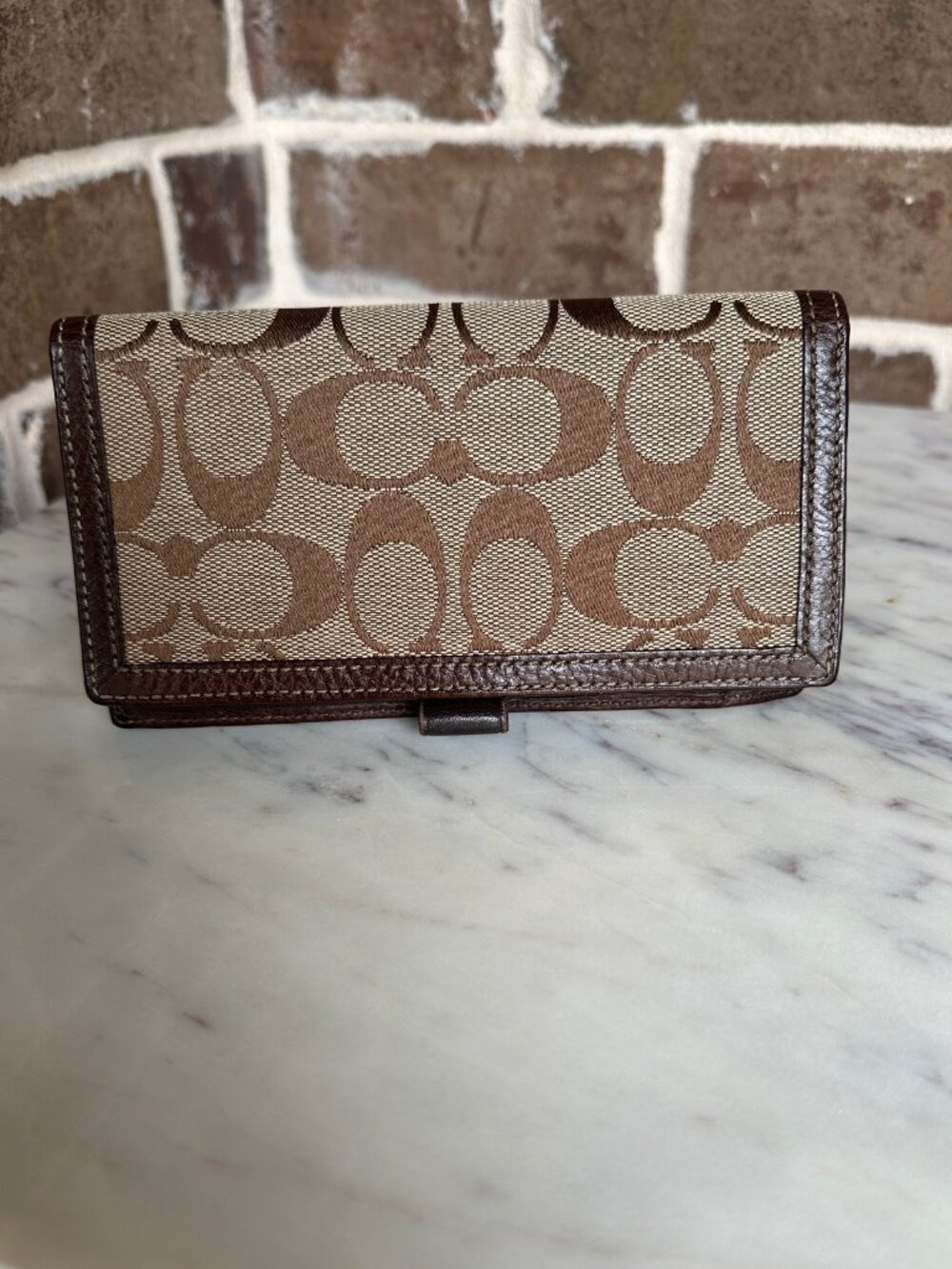 Coach Signature Canvas Jacquard Checkbook Cover Brown Leather Trim